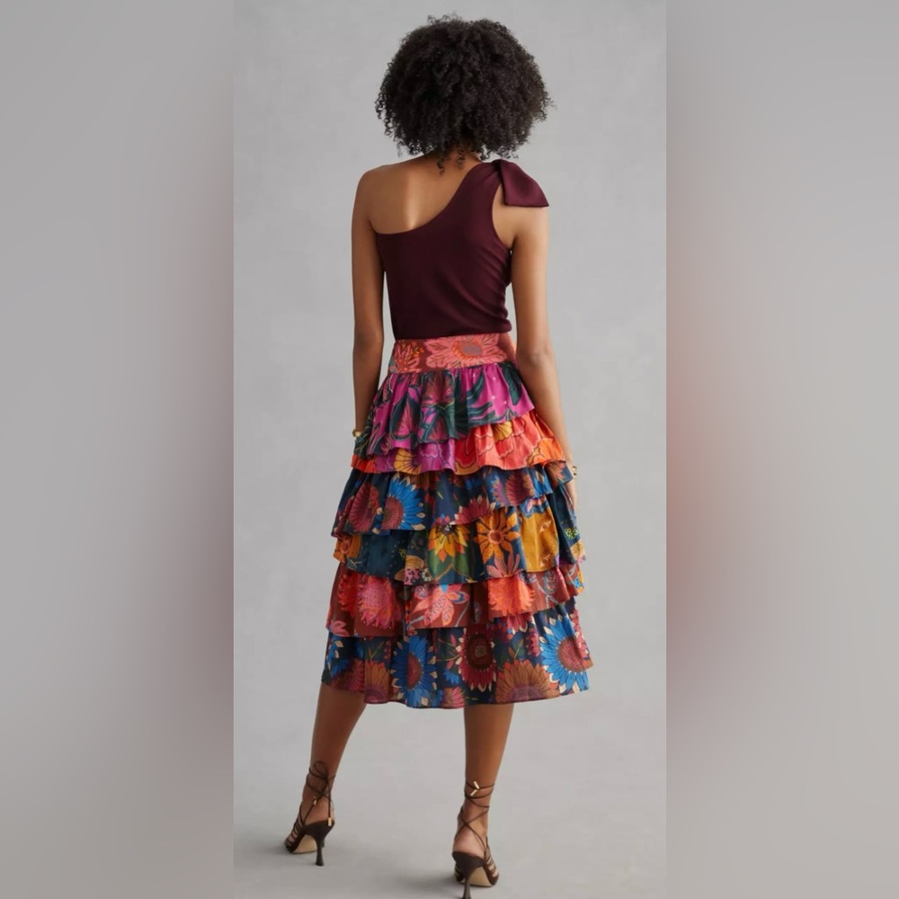 NWT ANTHROPOLOGIE Farm Rio Tiered Midi Floral Tropical Skirt - Picture 12 of 13